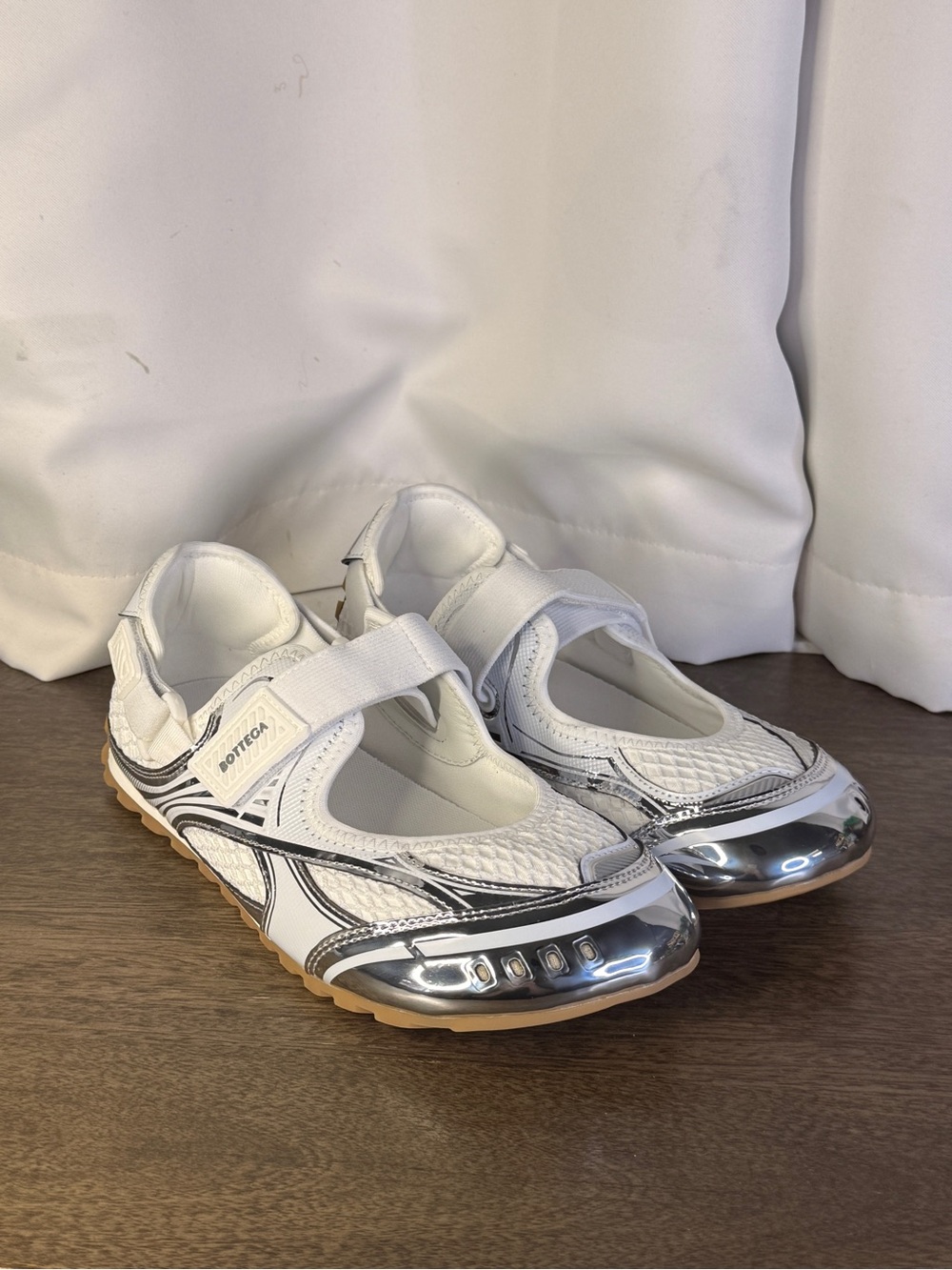 Bottega Veneta White and Silver Mary Jane Sneaker